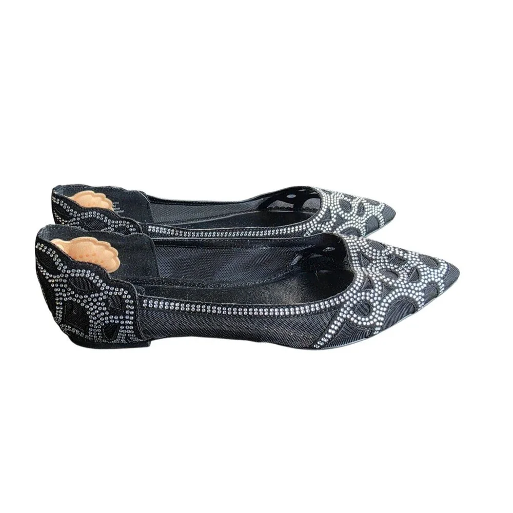 Title:Women's Black Rhinestone Pointed Toe Ballet Flats 8.5 Sparkly Slip-On